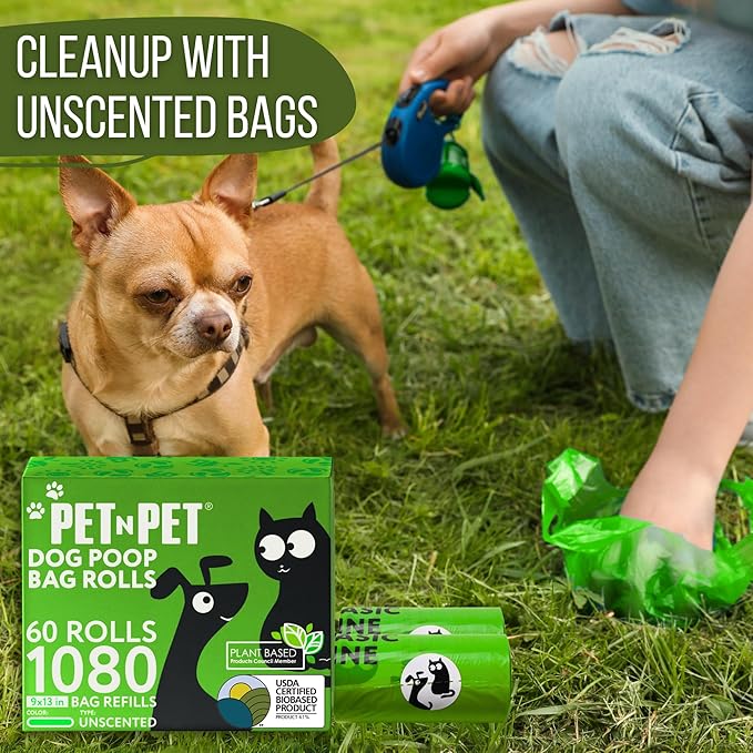 Pet N Pet 1080 Counts Green Poop Bags for Dogs, 38 Plant Based  62 PE Extra Thick Dog Poop Bags Rolls, 9" x 13", Unscented Pet Waste Bag