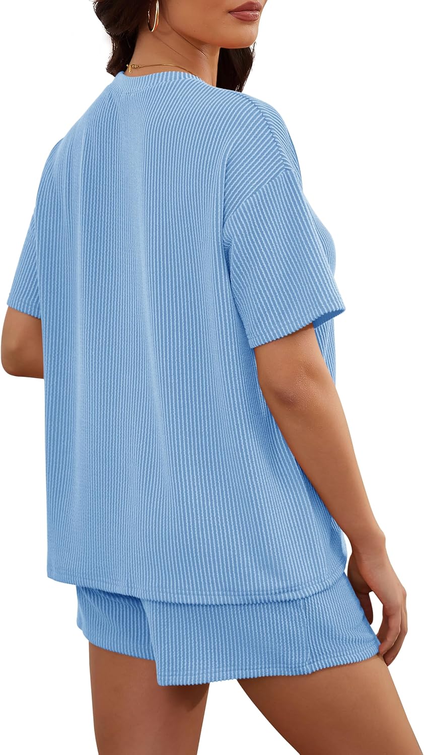 Women's 2 Piece Sets Short Sleeve Outfits Ribbed Textured Knit Lounge Shorts Set Oversized Tracksuit Matching Sets
