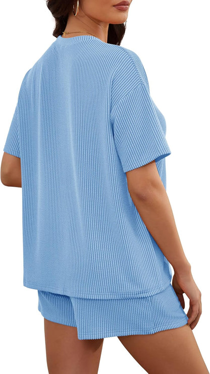 Women's 2 Piece Sets Short Sleeve Outfits Ribbed Textured Knit Lounge Shorts Set Oversized Tracksuit Matching Sets