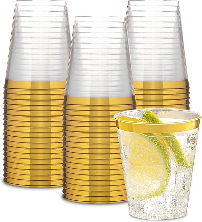 PLASTICPRO Disposable 7 oz Crystal Clear Plastic Tumblers With Gold Rim for Party's  Weddings pack of 50