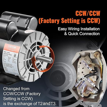 VEVOR 3HP Air Compressor Electric Motor, 230V 15.5 Amps, 56 Frame 3450RPM, 5/8" Keyed Shaft, 1.88" Shaft Length, Single Phase, CW/CCW Rotation (Factory Setting is CCW)