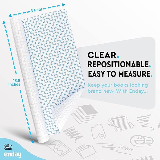 Clear Contact Paper, 13.5a x 5-Feet, Transparent Self Adhesive Book and Textbook Covers for Paperbacks and Hard Covers, Plastic Protective Covering Contact Paper Roll, Acid Free, 2 Rolls a by Enday