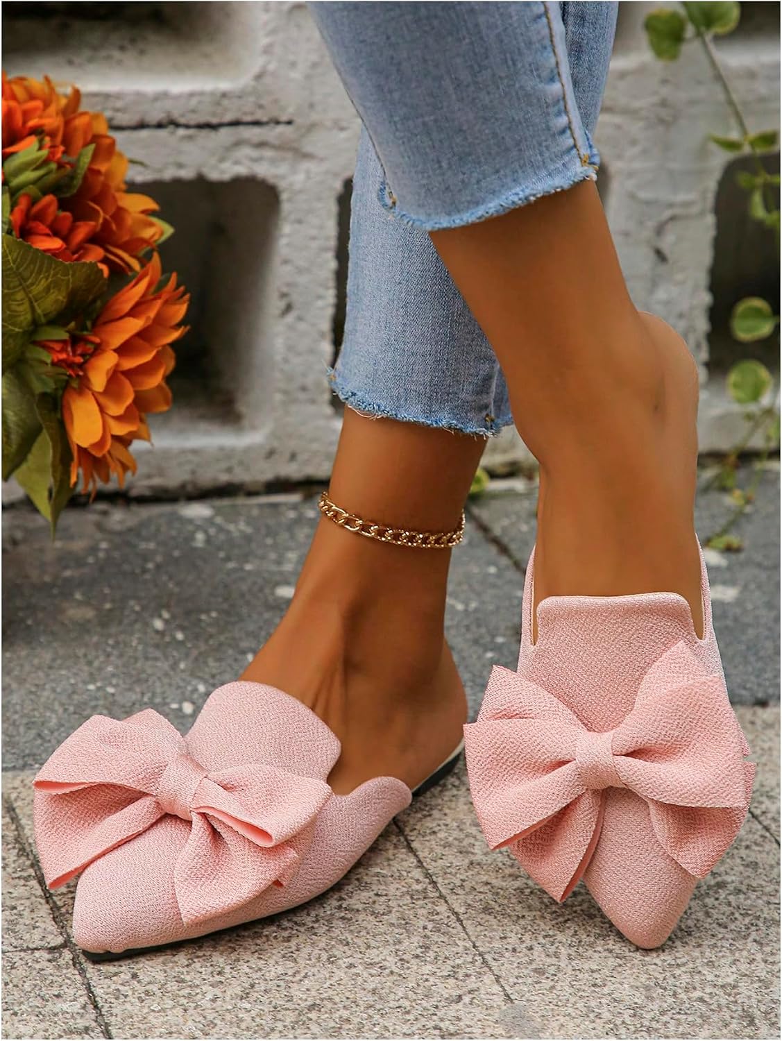Verdusa Mules for Women Bow Dressy Pointed Toe Flat Shoes Backless Loafers Slide Sandals Casual Slides Work Shoes