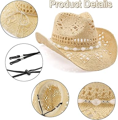 Cowboy Hat,Cowgirl Hat,Cowboy Hats for WomenMensStraw Wide with Shapeable Brim Cowboy Hat for WomensWhiteBlack.