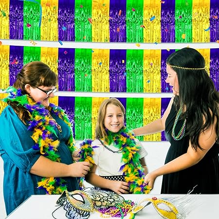 3 Pack 10 Ft Gold Green Purple Foil Fringe Garland Metallic Tinsel Streamers Banner Wall Hanging Curtain Backdrop for Parade Floats, Christmas Day, Thanksgiving, Halloween, New Year Party Decoration