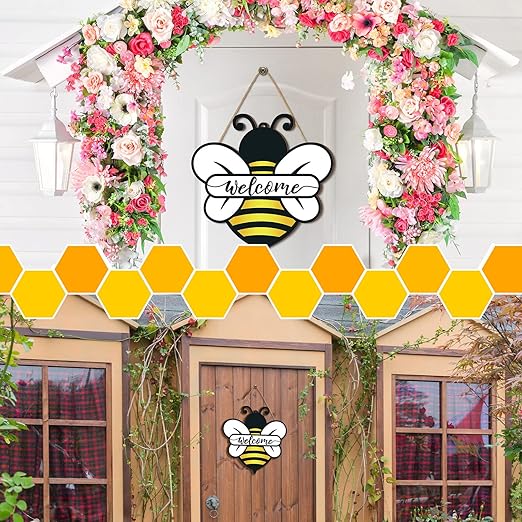 Shellwei Wood Welcome Sign, Bee Theme, Front Door Decor, 12 x 12 inches, Signage, Modern Style, Indoor & Outdoor Usage