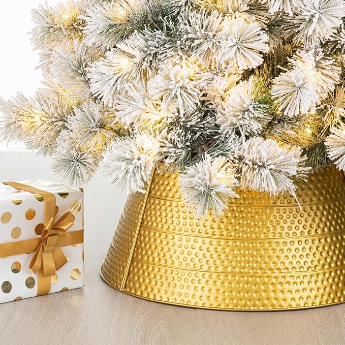 Glitzhome 22" D Gold Hammered Metal Tree Collar Tree Base Cover Decorative Christmas Tree Ring for Christmas Decoration