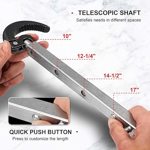 HAUTMEC Pro Telescoping Basin Wrench, Sink Wrench, 7/8" to 2-1/2" Jaw Capacity, 10" to 17" Extendable Handle, Steel Sink Faucet Remover, Tap Nut Spanner PL0027