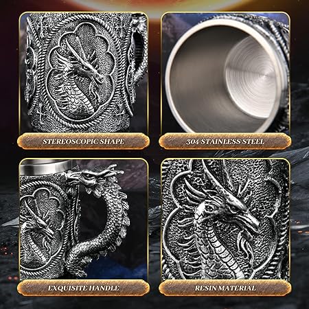 Dragon Mug Raise a Toast to Norse Heritage with our Nordic Viking Rune Mug- Stainless Steel and Wooden Beer Tankard. Perfect Viking Gift for Men, DD Mug and Norse Decor