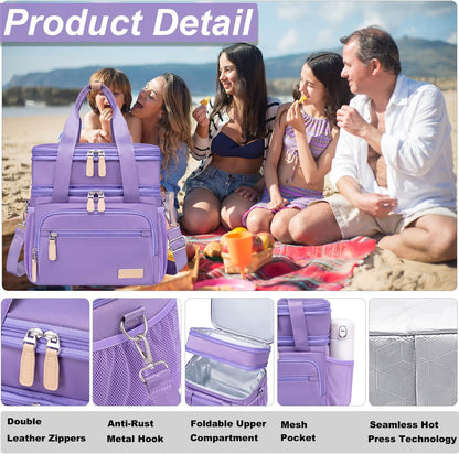 Insulated Lunch Box for Women Men-Dual Compartment Waterproof Reusable Large Lunch Bag Wide-Open Tote Cooler Bag For Working Picnic Hiking (15L) (Purple)