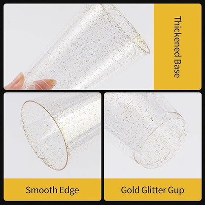 Goodluck 14 oz 50 PCS Gold Glitter Plastic Cups, Disposable Glitter Cups, Elegant Plastic Cocktail Glasses, Fancy Party Cups for Wedding, Birthday, Holiday