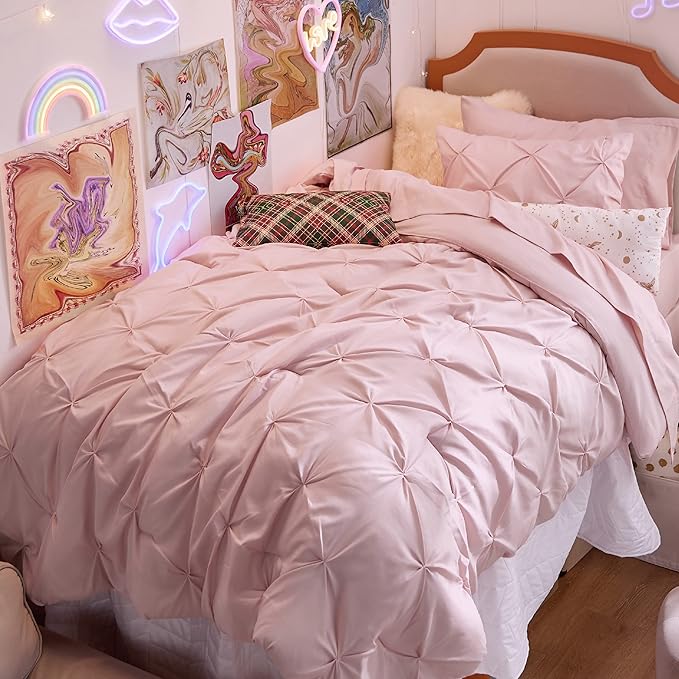 Bedsure Twin Comforter Pink for Women - Bed in a Bag Twin Size 1 Piece, GentleSoft™ Pintuck Bed Gift for Family, Pinch Pleat Pink Comforter