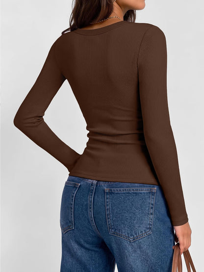 AUTOMET Women‘s Ribbed Square Neck Top, Long Sleeve Slim Fit Basic Shirt for Fall Winter Spring, Casual Crop Tee