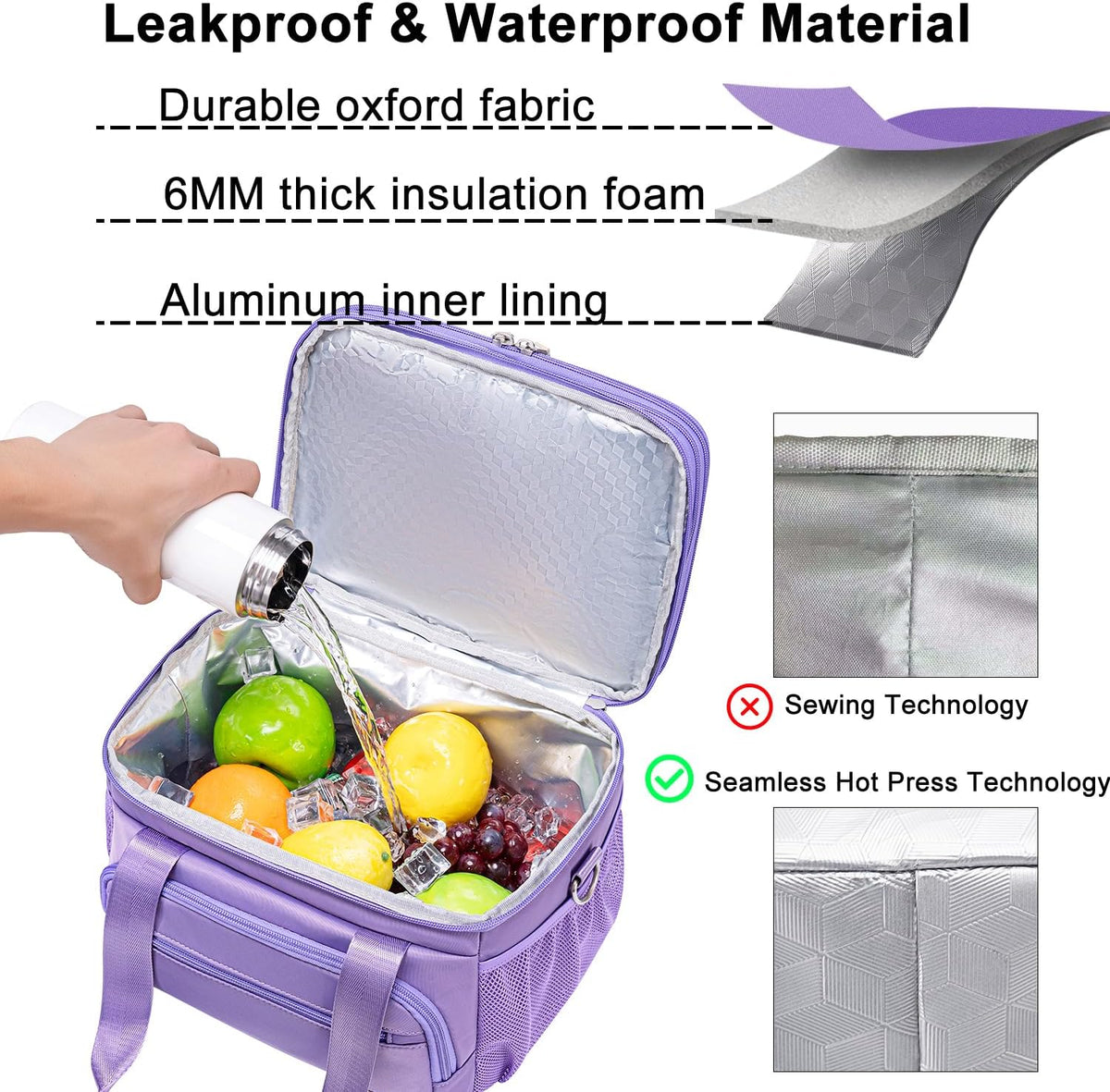 Insulated Lunch Box for Women Men-Dual Compartment Waterproof Reusable Large Lunch Bag Wide-Open Tote Cooler Bag For Working Picnic Hiking (15L) (Purple)