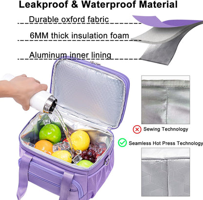 Insulated Lunch Box for Women Men-Dual Compartment Waterproof Reusable Large Lunch Bag Wide-Open Tote Cooler Bag For Working Picnic Hiking (15L) (Purple)