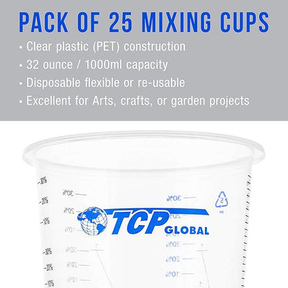 TCP Global 32 Ounce (1000ml) Disposable Flexible Clear Graduated Plastic Mixing Cups - Box of 25 Cups - Use for Paint, Resin, Epoxy, Art, Kitchen, Cooking, Baking - Measuring Ratios 2-1, 3-1, 4-1, ML