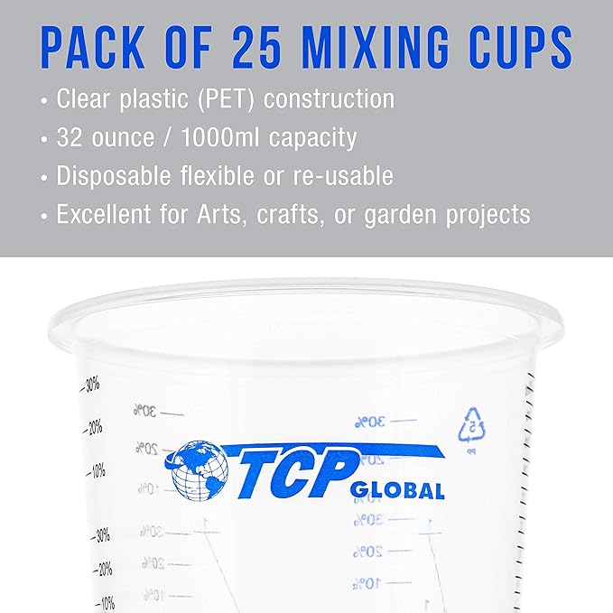 TCP Global 32 oz. (1000ml) Graduated Plastic Mixing Cups (Box of 25)