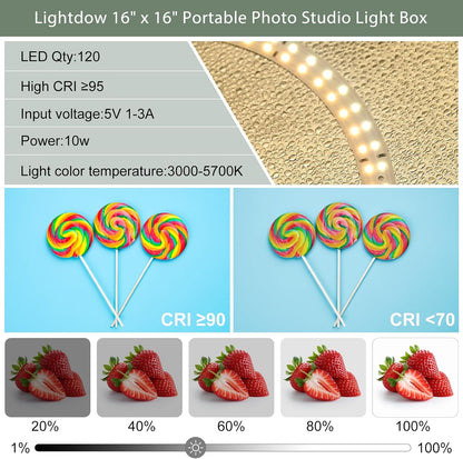 Lightdow 16"x16"x12" Photo Studio Light Box Photography with 120 LEDs (CRI>95), 1 Backdrops - Portable/Dimmable/Versatile Folding Shooting Tents for Toys/Jewelry/Watches/Cosmetics Photography