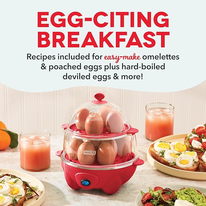 DASH Deluxe Rapid Egg Cooker for Hard Boiled, Poached, Scrambled Eggs, Omelets, Steamed Vegetables, Dumplings  More, 12 capacity, with Auto Shut Off Feature - Red