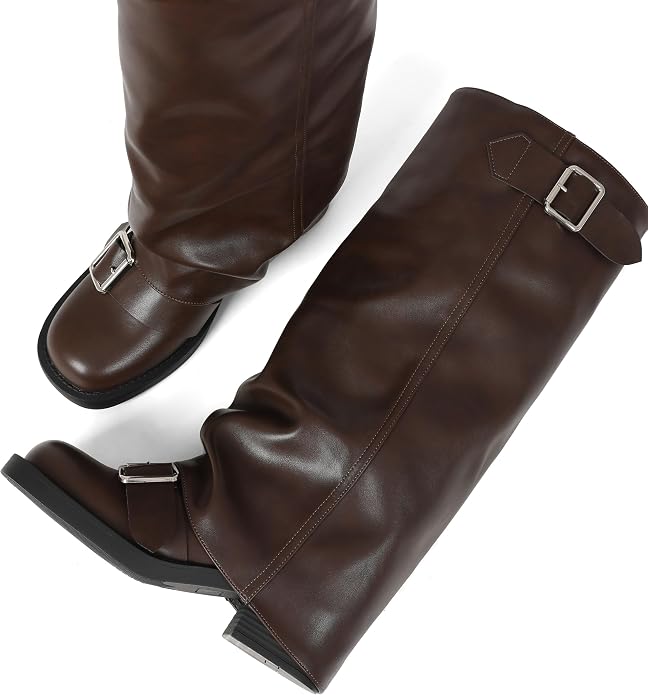 AMINUGAL Fold Over Knee High Boots Women | Chunky Block Heel Festival Trendy Casual Round Toe Buckle Slouchy Tall Boots Moto Riding Rave Club Cute Y2K LongSize 9.5 Boots