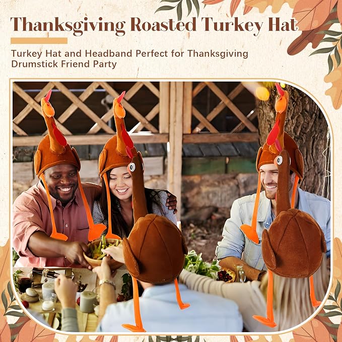 Geyoga 4 Pcs Thanksgiving Turkey Hats for Adults Plush Turkey Hat with Legs Headband for Carnival Cosplay Thanksgiving Party