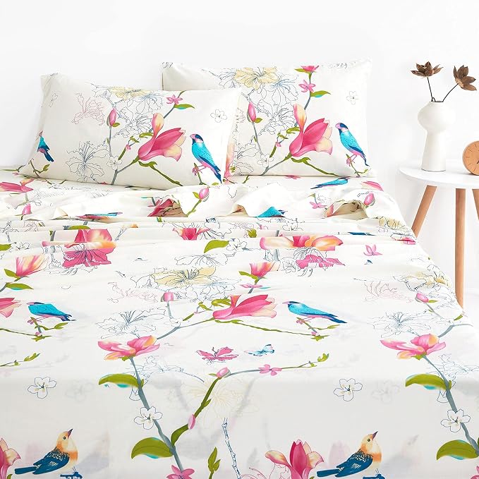Wake In Cloud - Floral Bed Sheets, 100% Cotton, 4-Piece Sheet Set, Bird Patterned Printed Botanical Boho Flower Aesthetic Bedding, Deep Pocket, Pink Beige, King Size
