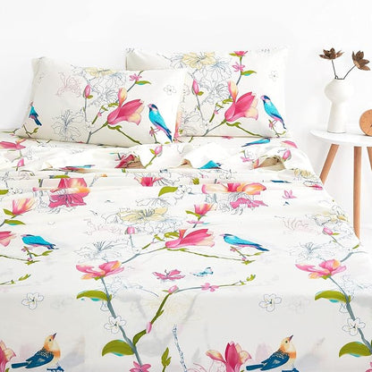 Wake In Cloud - Floral Bed Sheets, 100% Cotton, 4-Piece Sheet Set, Bird Patterned Printed Botanical Boho Flower Aesthetic Bedding, Deep Pocket, Pink Beige, King Size