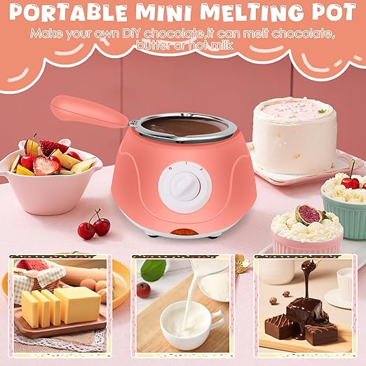 8.45oz Melting Fondue Pot, MINI Electric Chocolate Melting Set, Chocolate Fondue Fountain, Warmer Machine for Milk Chocolate, Cheese, Butter, Candy, Pink