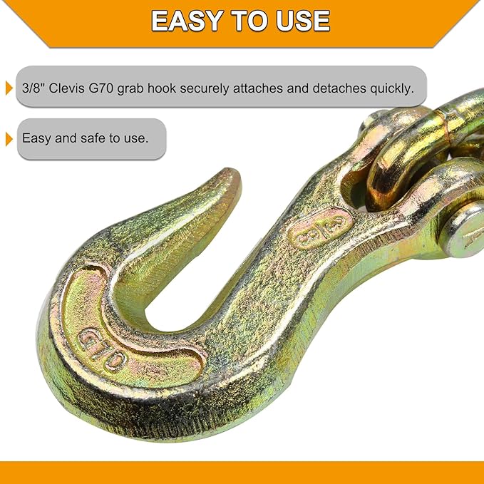 3/8 inch x 20 Feet G70 Binder Chain with Clevis Grab Hook 6,600 lbs WLL Transport Chain Tie Down Binder Chain for Flatbed, Truck, Farm 1 Piece