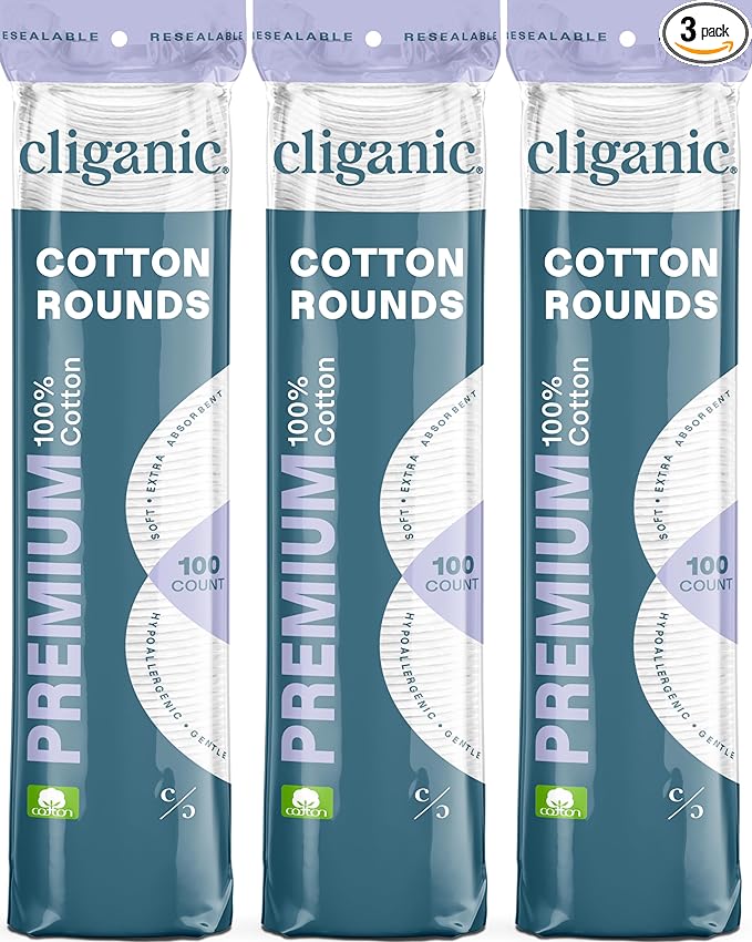 Cliganic Premium Cotton Rounds for Face (300 Count) - Makeup Remover Pads, Hypoallergenic, Lint-Free  100 Pure Cotton (Packaging May Vary)