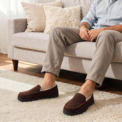 shoeslocker Men's Slippers Indoor Outdoor Warm Soft Plush Memory Foam House Slippers for Men Comfortable Bedroom Moccasin Slipper Non-Slip