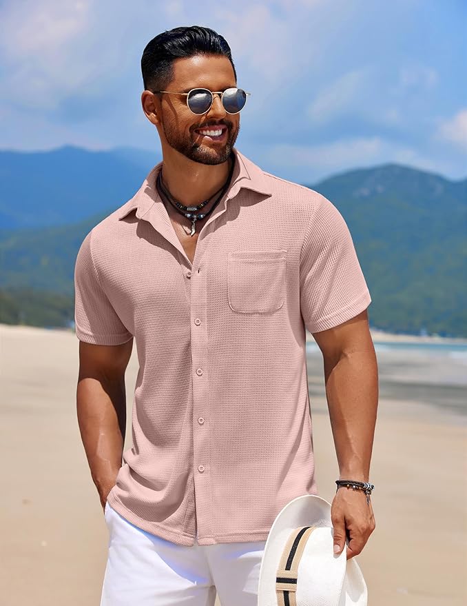 COOFANDY Men's Knit Button Down Shirts Casual Short Sleeve Polo Shirt Summer Beach Shirts with Pocket