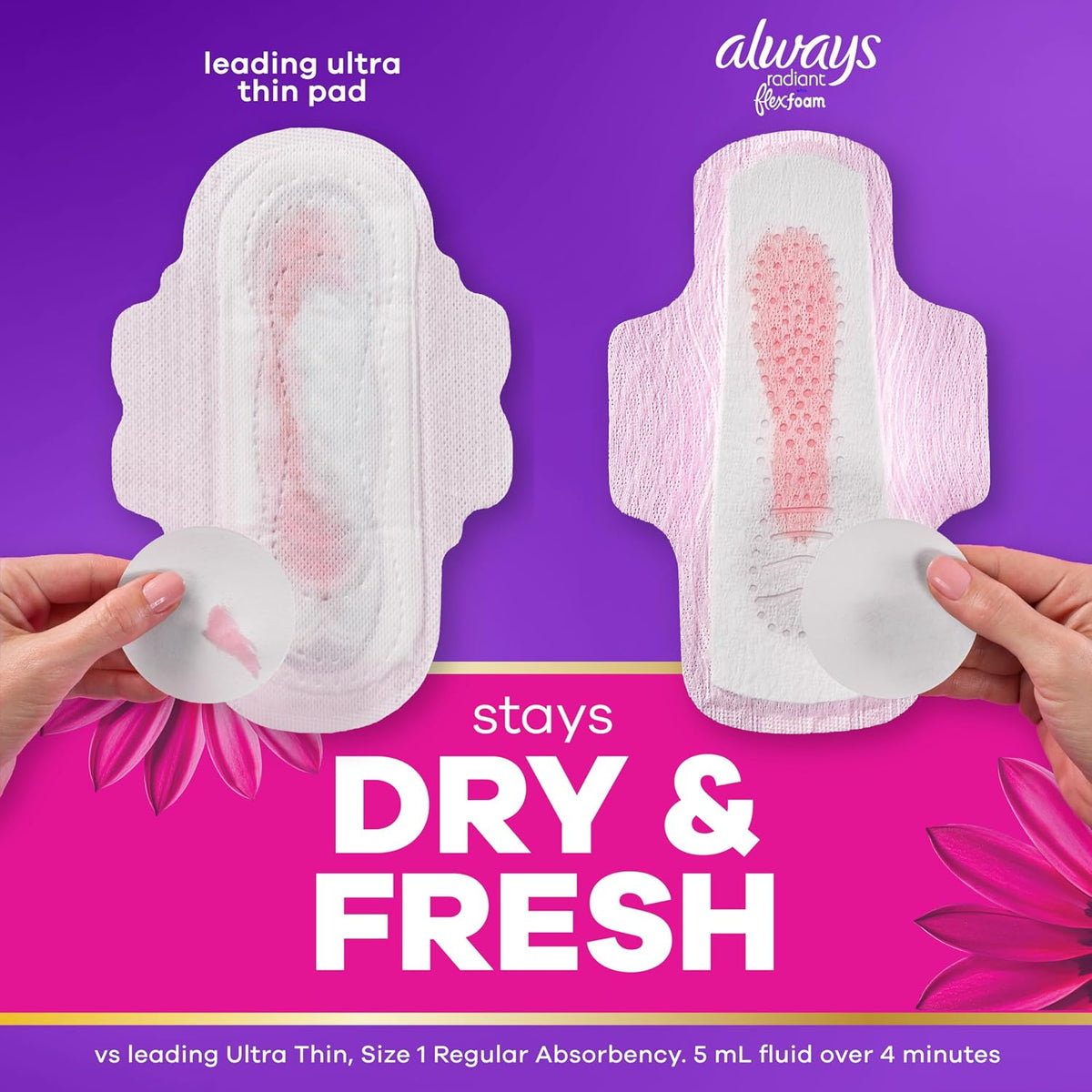 Always Radiant Feminine Pads for Women, Flexfoam Pads with Wings, Size 5, Extra Heavy Overnight Absorbency, Lightly Scented, 26 Count