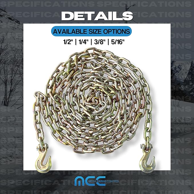 5/16" x 20' G70 Transport Chains with Clevis Grab Hooks - 4,700 LB Working Load Limit for Tow and Hauling on Flatbed, Trailers, Truck (1 - Pack)