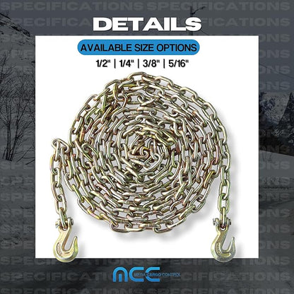 5/16" x 20' G70 Transport Chains with Clevis Grab Hooks - 4,700 LB Working Load Limit for Tow and Hauling on Flatbed, Trailers, Truck (1 - Pack)
