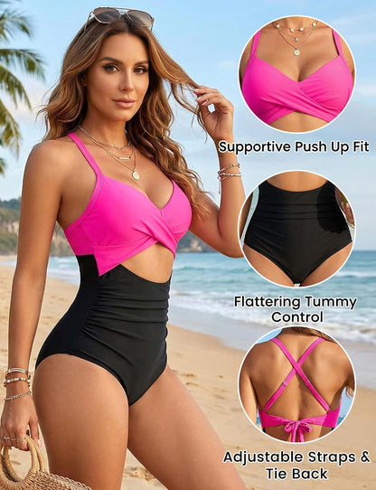 Buauty Women's Tummy Control Cutout One Piece Swimsuit