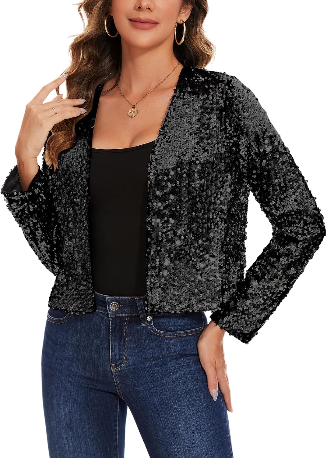 MINTLIMIT Sequin Shrug for Women Shiny Sparkle Long Sleeve Open Front Cropped Cardigans Party Glitter Bolero Jacket,XL,Black