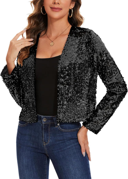 MINTLIMIT Sequin Shrug for Women Shiny Sparkle Long Sleeve Open Front Cropped Cardigans Party Glitter Bolero Jacket,XL,Black