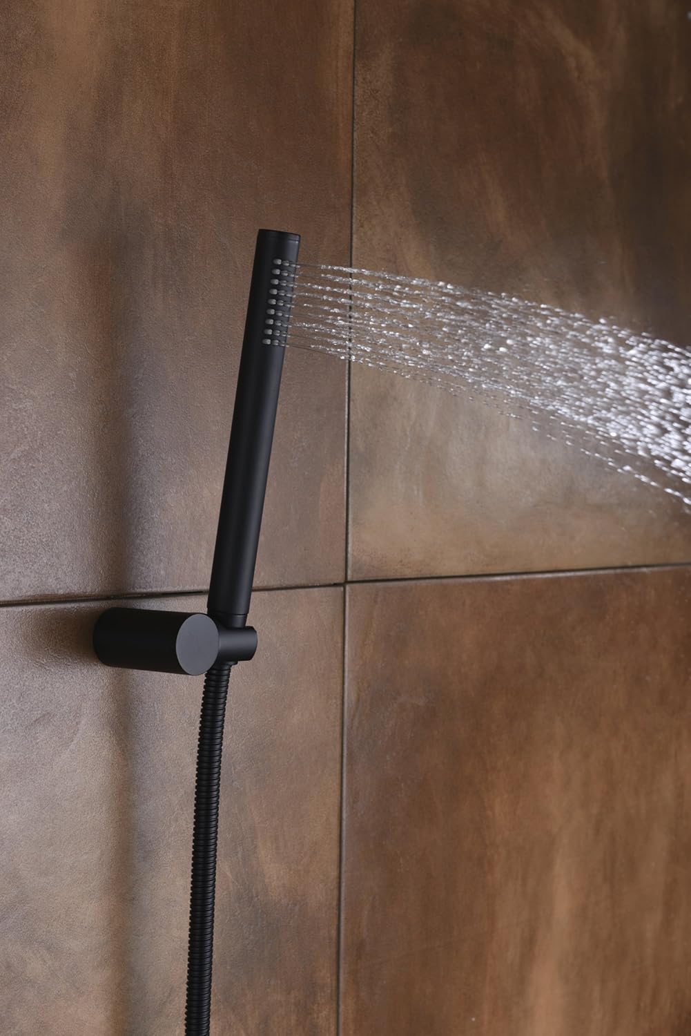 Matte black shower fixtures with touch-clean design and durable metal construction that resists calcium and lime buildup.