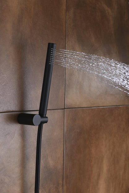 Matte black shower fixtures with touch-clean design and durable metal construction that resists calcium and lime buildup.