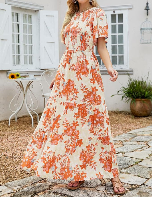 ZESICA Women's 2025 Summer Casual Floral Print Short Flutter Sleeve Crew Neck Smocked High Waist Flowy Maxi Dress