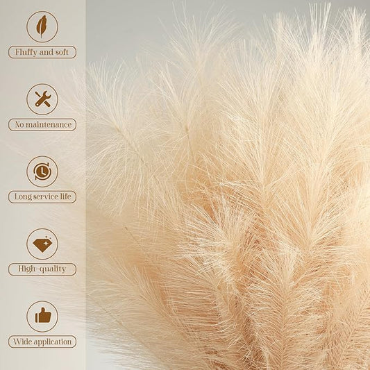 Ouddy Decor 8 Pcs Faux Pampas Grass Decor 38''/97cm Tall Artificial Large Pompous Pompas Floral Fluffy Fake Plants Floor Vase Filler for Wedding Kitchen Home Boho Decorations, Deep Beige