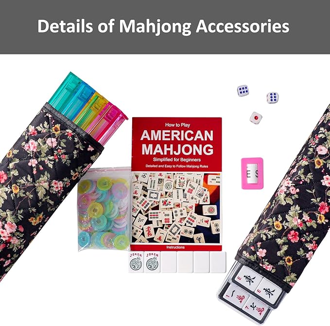 American Mahjong Game Set, 166 Premium White Tiles, 4 All-in-One Color RackPushers, Complete Mahongg Tile Set,Flower Printed Carrying Bag (Rectangular, Black)