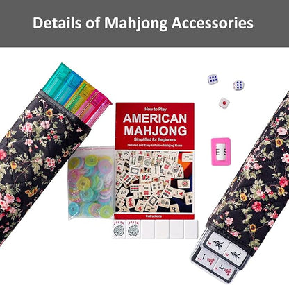 American Mahjong Game Set, 166 Premium White Tiles, 4 All-in-One Color RackPushers, Complete Mahongg Tile Set,Flower Printed Carrying Bag (Rectangular, Black)