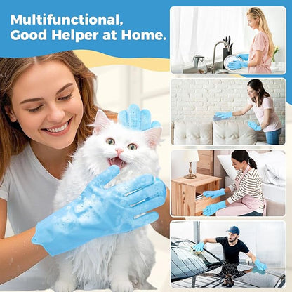 Pet Grooming Gloves, Dog Washing Gloves with Silicone Teeth, Dog Bathing Shampoo Brush, Heat Resistant Five-Finger Design for Bathing, Massaging, Hair Removal, Suitable for Dogs and Cats