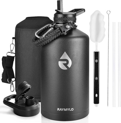 RAYMYLO One Gallon Water Bottle Insulated, Triple Walled Vacuum Stainless Steel (Cold for 48 Hrs), Leak Proof & Non-BPA, Large Water Flask Jug with Paracord Handle & Straw Spout Lids