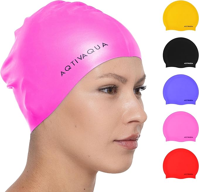 AqtivAqua Silicone Swim Cap Waterproof // Comfortable Swimming Cap for Women Men Adult and Kids