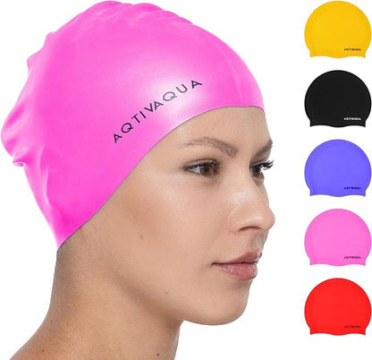 AqtivAqua Silicone Swim Cap Waterproof // Comfortable Swimming Cap for Women Men Adult and Kids