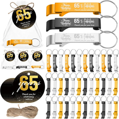 54 Sets 65th Birthday Party Favors for Guests Birthday Beer Opener Keychain Cheers to 65 Bottle Opener Keychain with Thank You Cards and Gift Bags for Anniversary Wedding Party Favors