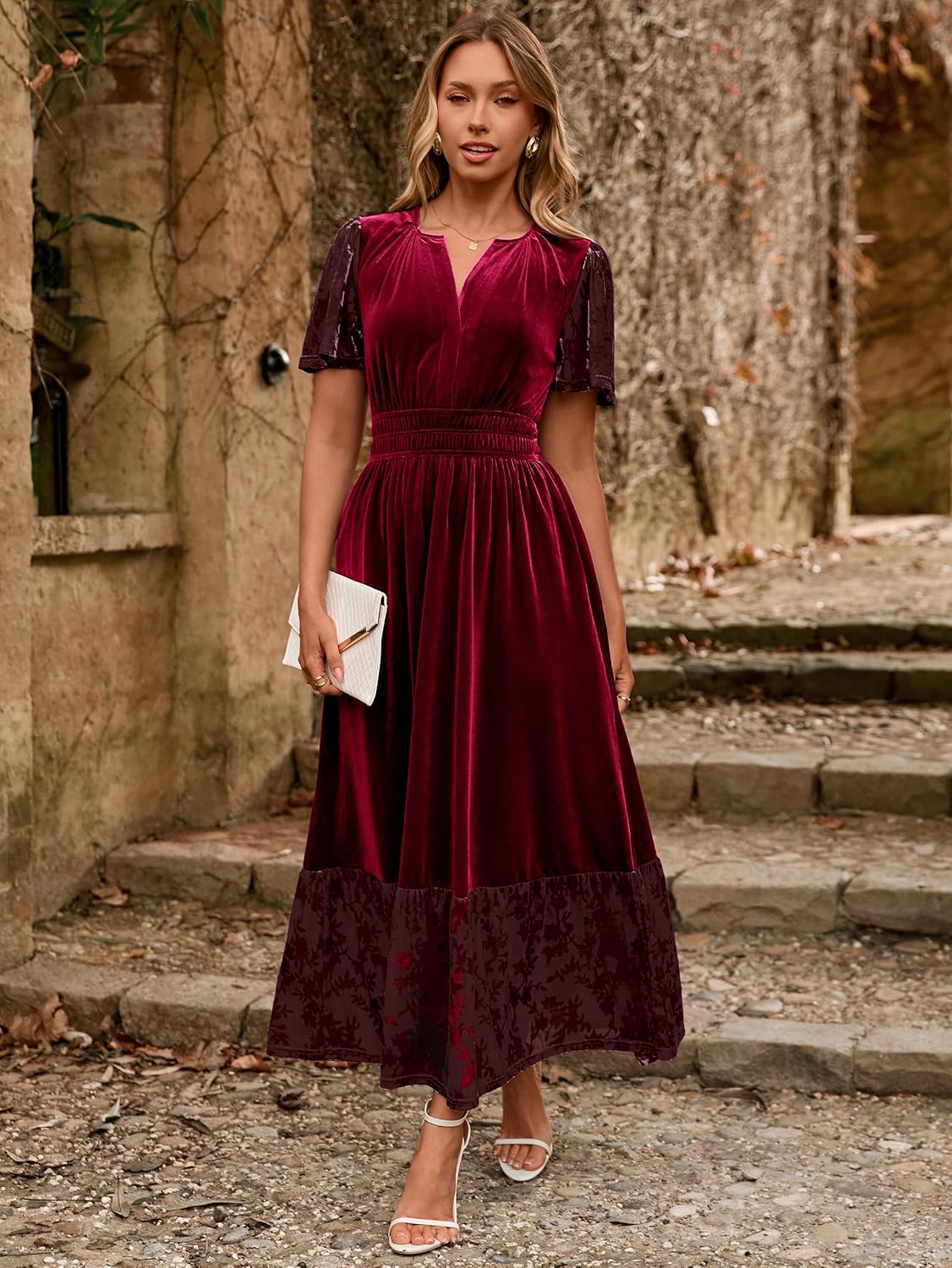 Simplee Women's Formal Velvet Maxi Dress Fall Winter V Neck Floral Short Sleeve Empire Waist Wedding Guest Dresses.
